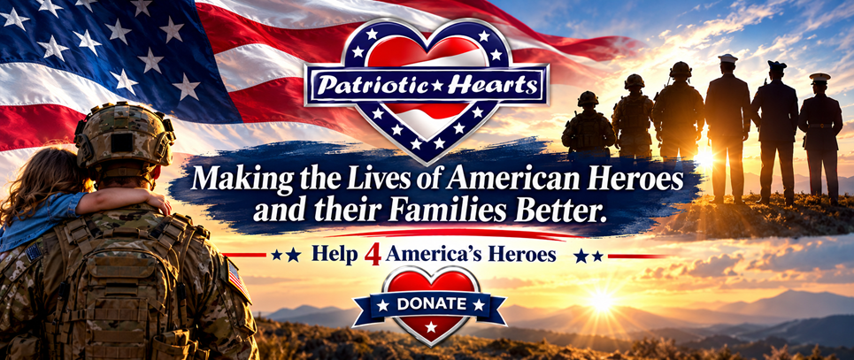 American flag, service members and a child embracing a soldier at sunset. Patriotic Hearts: Making the lives of American heroes and their families better. Help 4 America's Heroes.